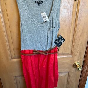 BeBop Gray and Red Sleeveless Dress with Brown Belt
